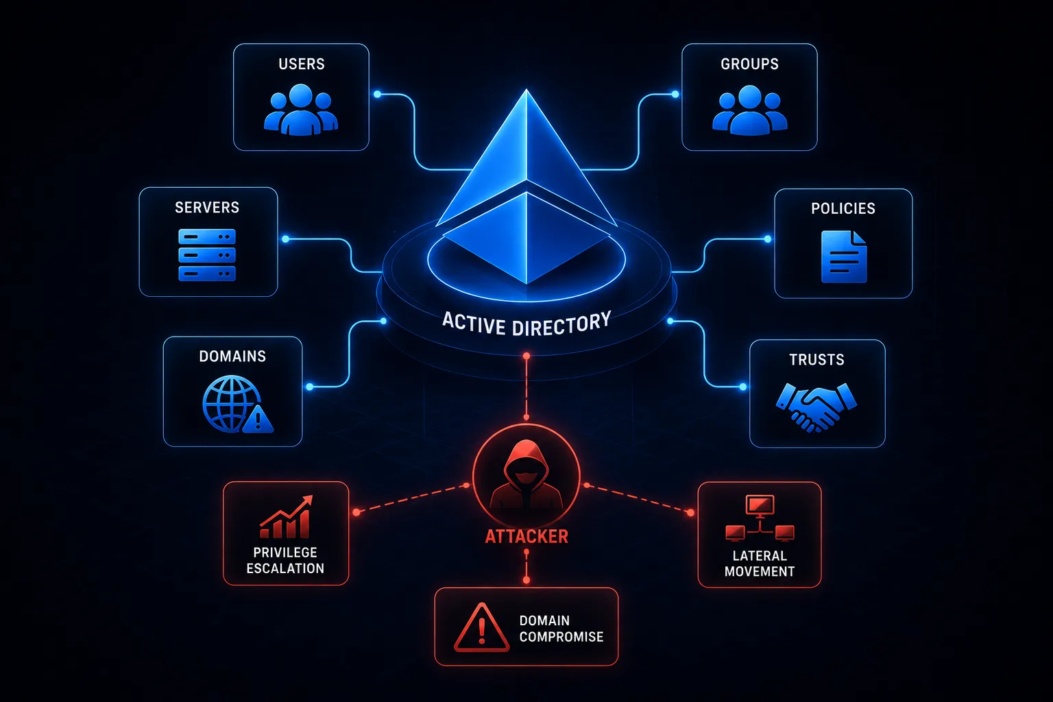 Active Directory penetration testing diagram showing users, groups, servers, policies, domains, and trusts with attacker performing privilege escalation, lateral movement, and domain compromise
