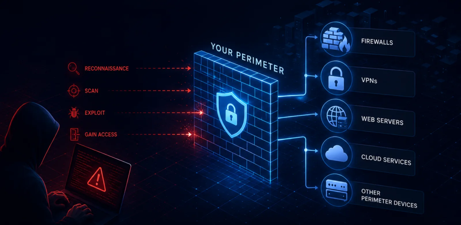 External network penetration testing: attacker reconnaissance, scanning, exploitation, and gaining access against perimeter devices like firewalls, VPNs, web servers, and cloud services