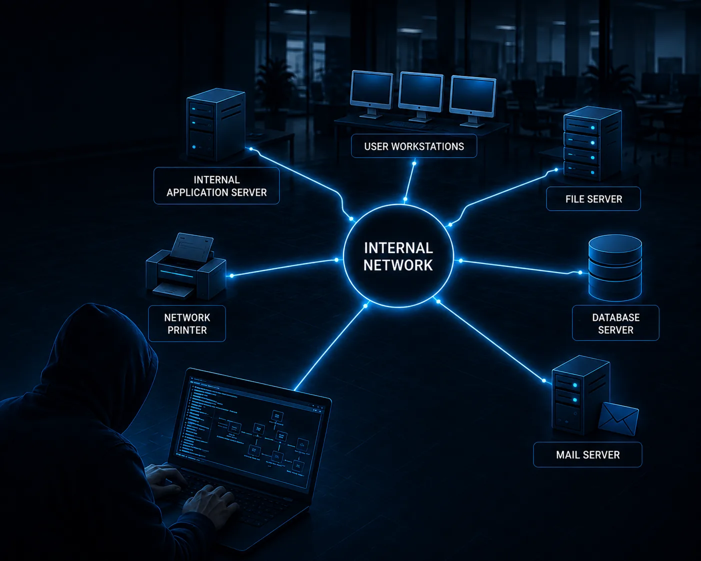 Internal network penetration testing diagram showing internal applications, user workstations, file server, database server, mail server, and network printer