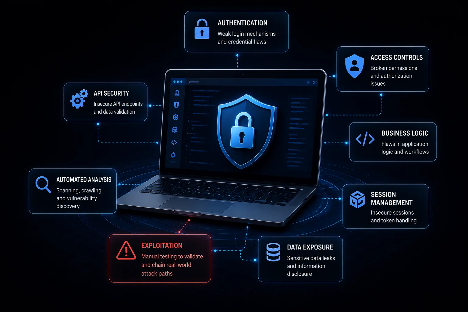 Web application penetration testing diagram showing authentication, access controls, API security, business logic, session management, data exposure, automated analysis, and exploitation